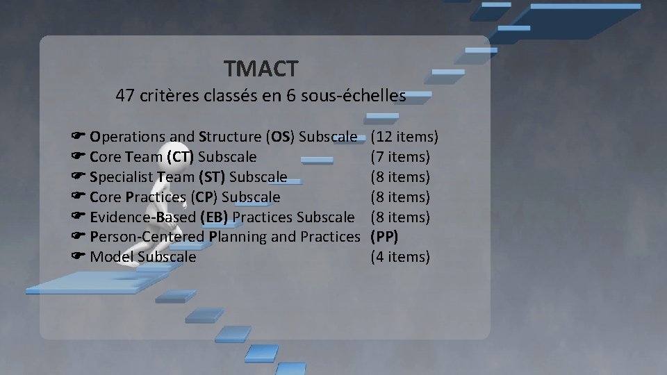 TMACT 47 critères classés en 6 sous-échelles Operations and Structure (OS) Subscale Core Team TMACT 47 critères classés en 6 sous-échelles Operations and Structure (OS) Subscale Core Team