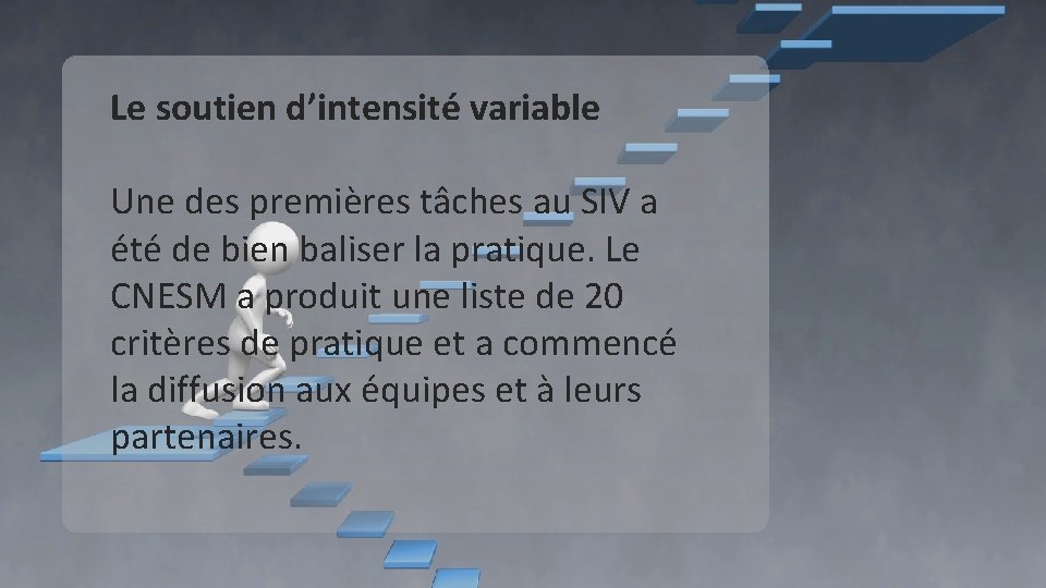 Le soutien d’intensité variable Une des premières tâches au SIV a été de bien Le soutien d’intensité variable Une des premières tâches au SIV a été de bien