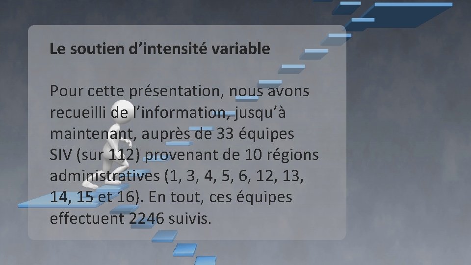 Le soutien d’intensité variable Pour cette présentation, nous avons recueilli de l’information, jusqu’à maintenant, Le soutien d’intensité variable Pour cette présentation, nous avons recueilli de l’information, jusqu’à maintenant,