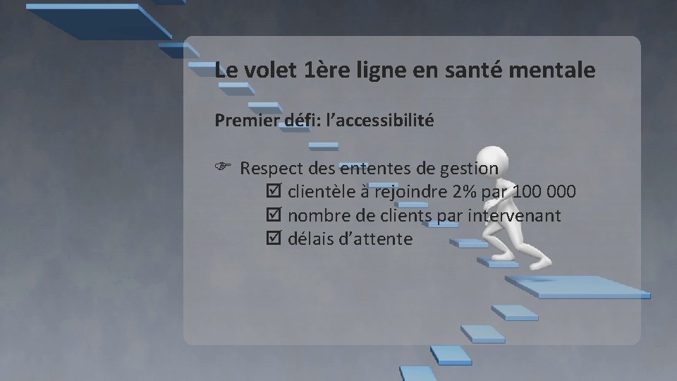 Le volet 1ère ligne en santé mentale Premier défi: l’accessibilité Respect des ententes de Le volet 1ère ligne en santé mentale Premier défi: l’accessibilité Respect des ententes de