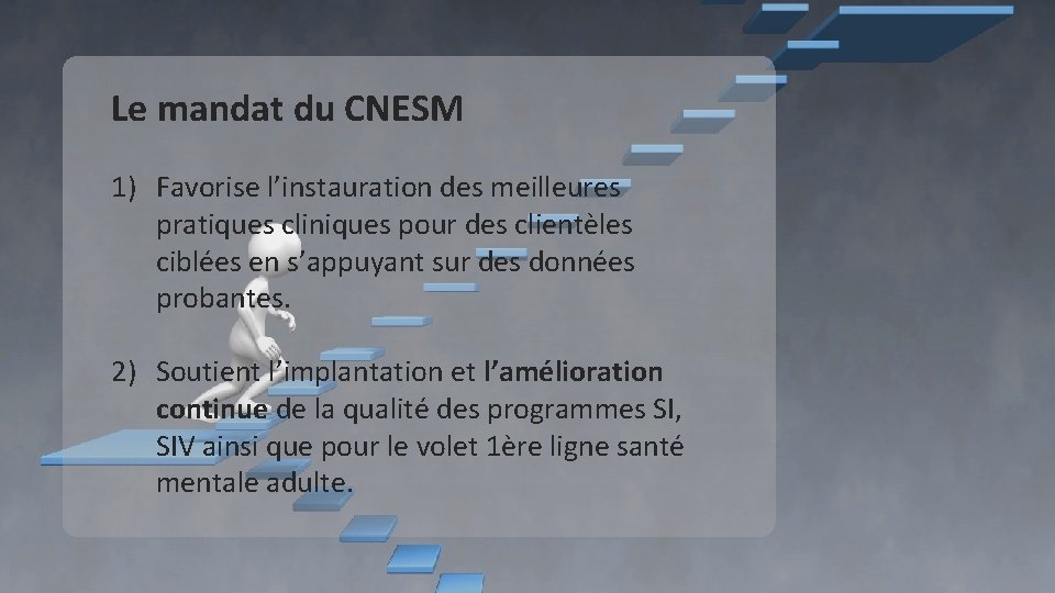 Le mandat du CNESM 1) Favorise l’instauration des meilleures pratiques cliniques pour des clientèles Le mandat du CNESM 1) Favorise l’instauration des meilleures pratiques cliniques pour des clientèles