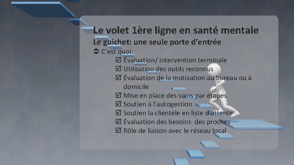 Le volet 1ère ligne en santé mentale Le guichet: une seule porte d’entrée C’est Le volet 1ère ligne en santé mentale Le guichet: une seule porte d’entrée C’est