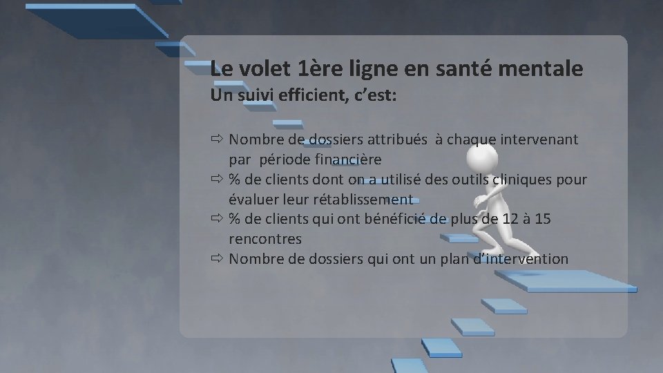 Le volet 1ère ligne en santé mentale Un suivi efficient, c’est: Nombre de dossiers Le volet 1ère ligne en santé mentale Un suivi efficient, c’est: Nombre de dossiers
