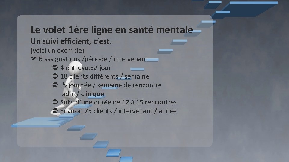 Le volet 1ère ligne en santé mentale Un suivi efficient, c’est: (voici un exemple) Le volet 1ère ligne en santé mentale Un suivi efficient, c’est: (voici un exemple)