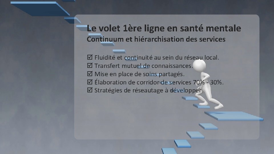 Le volet 1ère ligne en santé mentale Continuum et hiérarchisation des services Fluidité et Le volet 1ère ligne en santé mentale Continuum et hiérarchisation des services Fluidité et