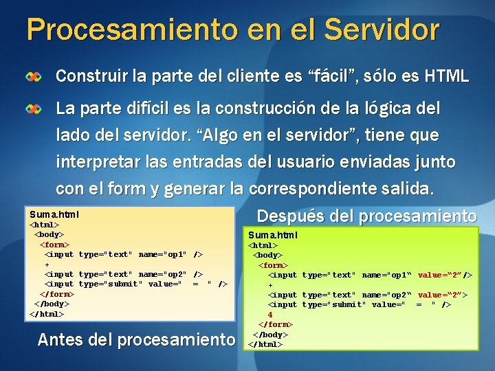 Procesamiento en el Servidor Construir la parte del cliente es “fácil”, sólo es HTML