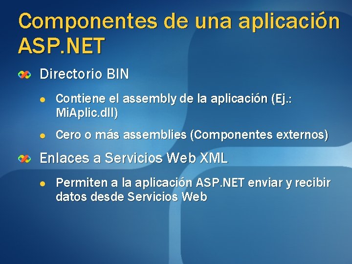 Componentes de una aplicación ASP. NET Directorio BIN l l Contiene el assembly de