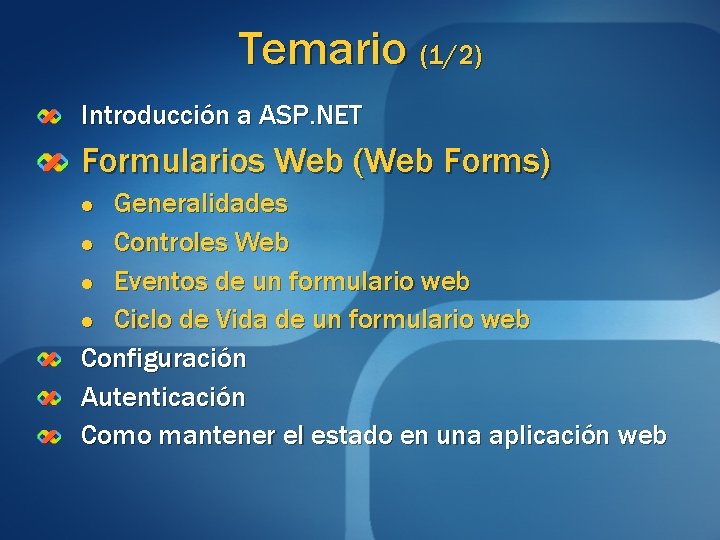 Temario (1/2) Introducción a ASP. NET Formularios Web (Web Forms) Generalidades l Controles Web