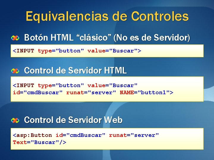 Equivalencias de Controles Botón HTML “clásico” (No es de Servidor) <INPUT type="button" value="Buscar"> Control