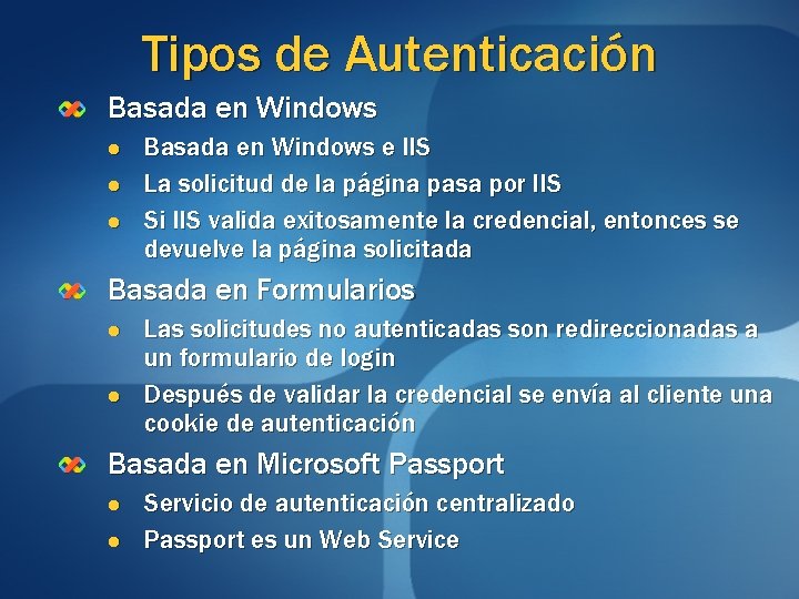 Tipos de Autenticación Basada en Windows l l l Basada en Windows e IIS
