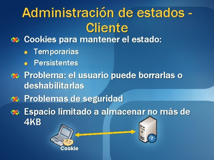 Administración de estados Cliente Cookies para mantener el estado: l l Temporarias Persistentes Problema: