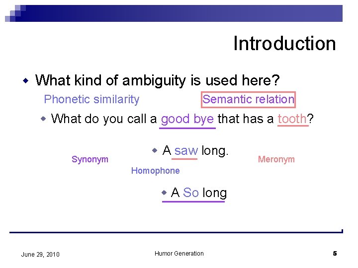 Introduction w What kind of ambiguity is used here? Phonetic similarity Semantic relation w