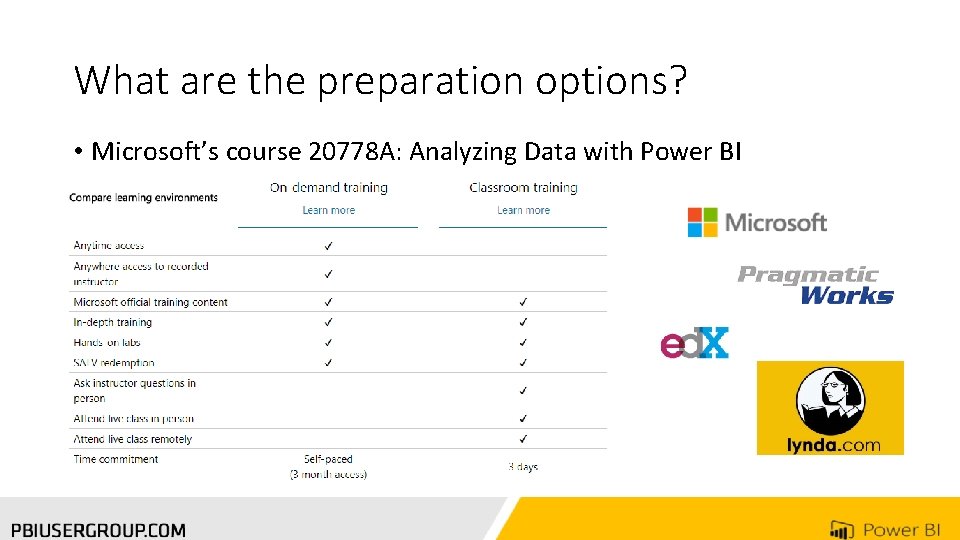 What are the preparation options? • Microsoft’s course 20778 A: Analyzing Data with Power