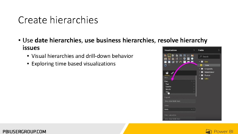 Create hierarchies • Use date hierarchies, use business hierarchies, resolve hierarchy issues • Visual