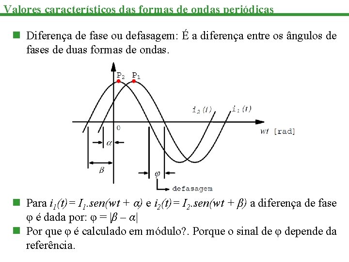 Valores característicos das formas de ondas periódicas n Diferença de fase ou defasagem: É