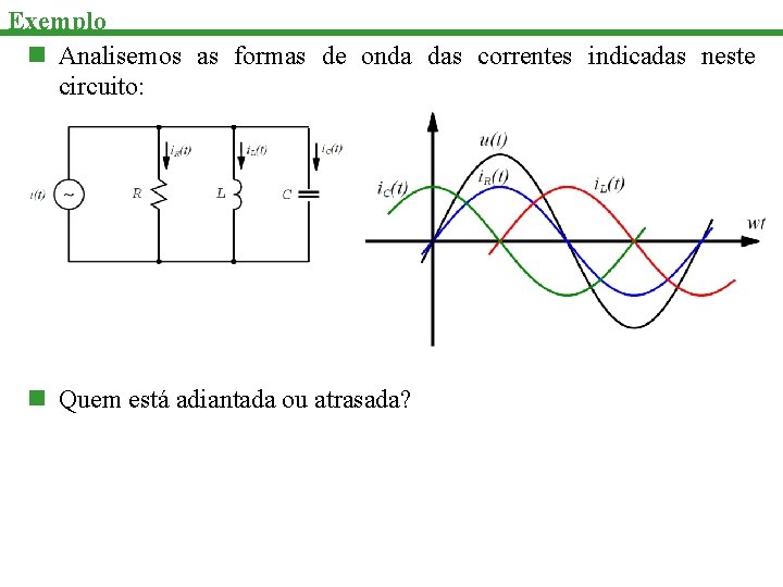 Exemplo n Analisemos as formas de onda das correntes indicadas neste circuito: n Quem