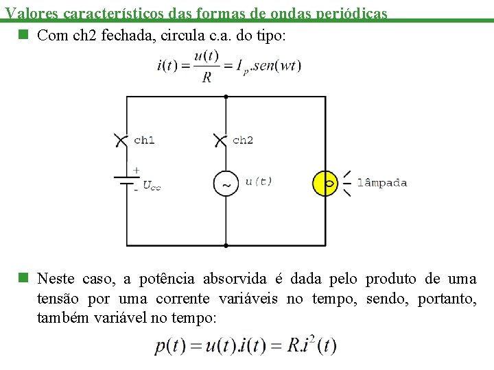 Valores característicos das formas de ondas periódicas n Com ch 2 fechada, circula c.