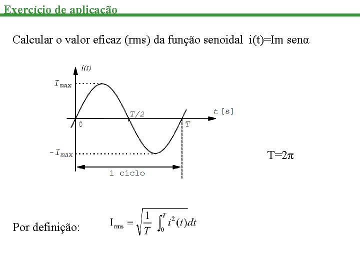 Exercício de aplicação Calcular o valor eficaz (rms) da função senoidal i(t)=Im senα T=2π