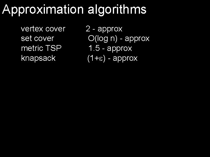 Approximation algorithms vertex cover set cover metric TSP knapsack 2 - approx O(log n)