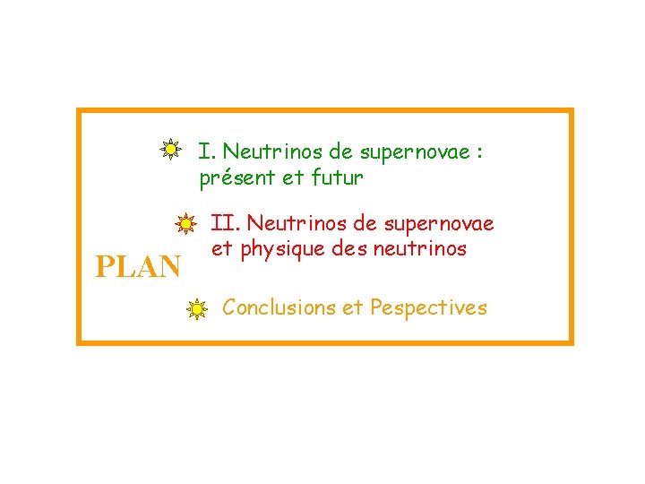 I. Neutrinos de supernovae : présent et futur PLAN II. Neutrinos de supernovae et