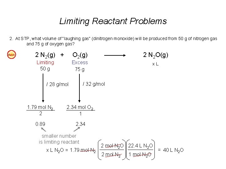 Limiting Reactant Problems 2. At STP, what volume of “laughing gas” (dinitrogen monoxide) will