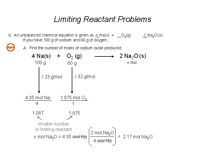 Limiting Reactant Problems 6. An unbalanced chemical equation is given as __Na(s) 4 +