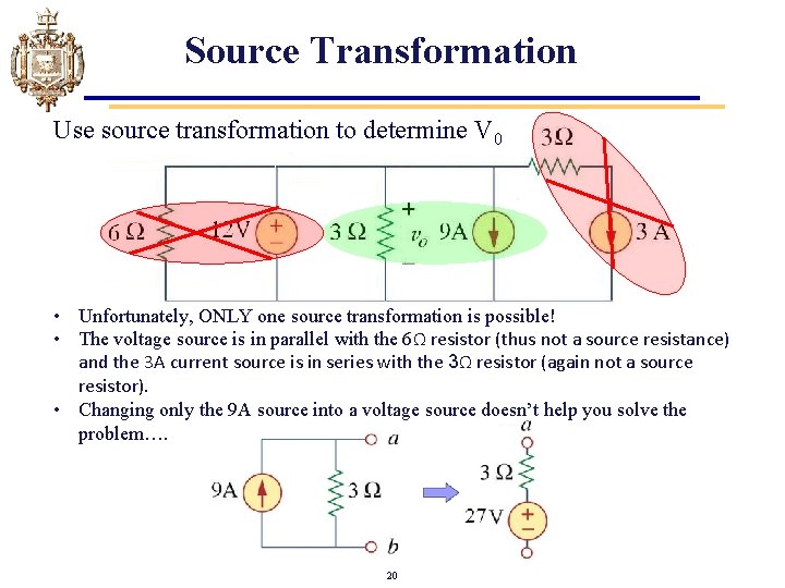 Source Transformation Use source transformation to determine V 0 • Unfortunately, ONLY one source