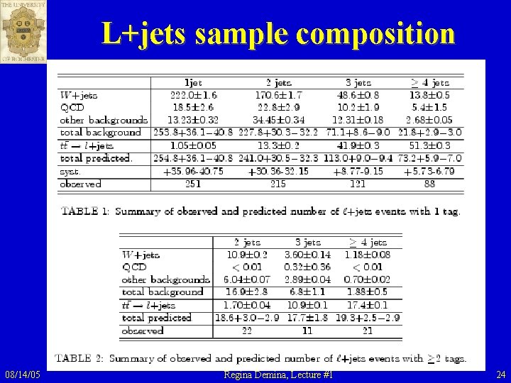 L+jets sample composition 08/14/05 Regina Demina, Lecture #1 24 L+jets sample composition 08/14/05 Regina Demina, Lecture #1 24