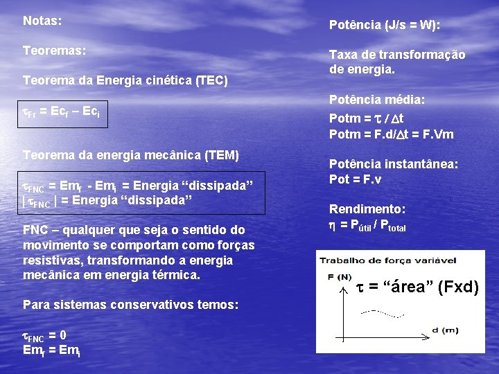 Notas: Potência (J/s = W): Teoremas: Taxa de transformação de energia. Teorema da Energia