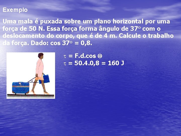 Exemplo Uma mala é puxada sobre um plano horizontal por uma força de 50