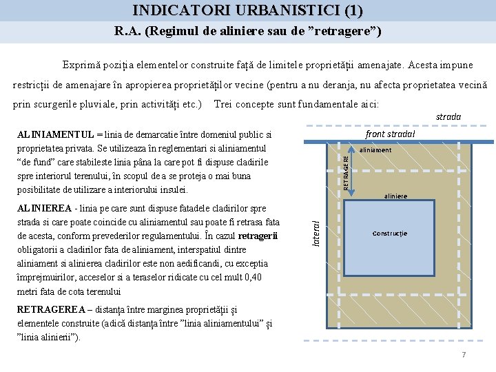 INDICATORI URBANISTICI (1) R. A. (Regimul de aliniere sau de ”retragere”) Exprimă poziția elementelor