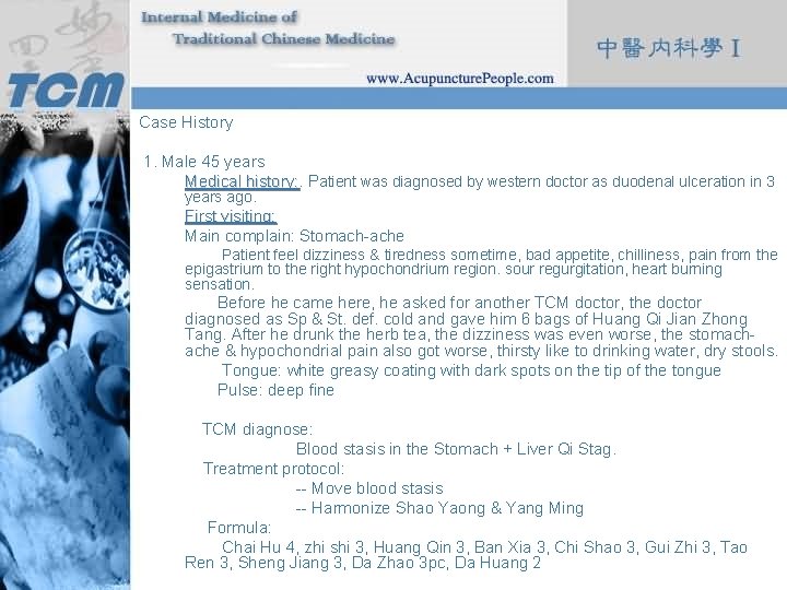 Case History 1. Male 45 years Medical history: Patient was diagnosed by western doctor