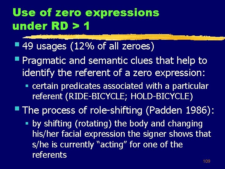 Use of zero expressions under RD > 1 § 49 usages (12% of all