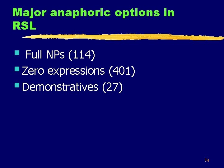 Major anaphoric options in RSL § Full NPs (114) § Zero expressions (401) §