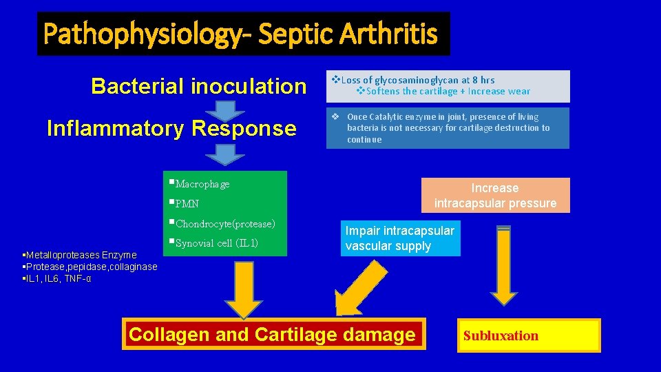 Pathophysiology- Septic Arthritis Bacterial inoculation Inflammatory Response §Metalloproteases Enzyme §Protease, pepidase, collaginase §IL 1,