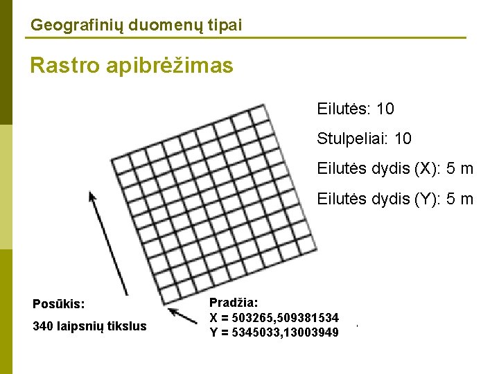 Geografinių duomenų tipai Rastro apibrėžimas Eilutės: 10 Stulpeliai: 10 Eilutės dydis (X): 5 m