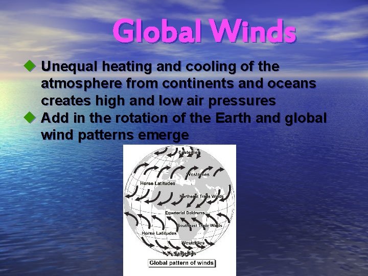Global Winds u Unequal heating and cooling of the atmosphere from continents and oceans