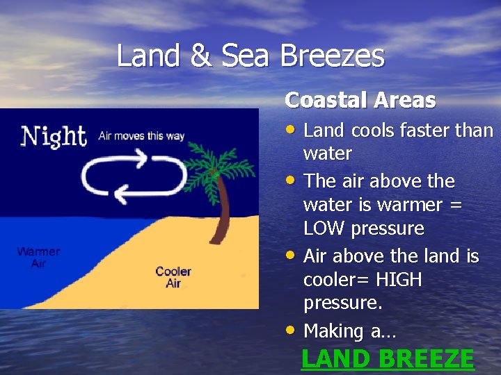 Land & Sea Breezes Coastal Areas • Land cools faster than • • •