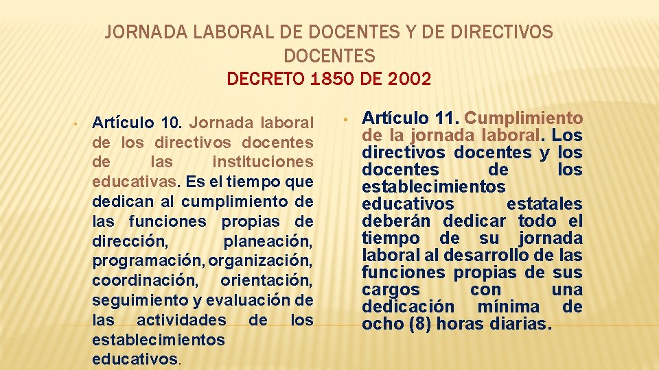 JORNADA LABORAL DE DOCENTES Y DE DIRECTIVOS DOCENTES DECRETO 1850 DE 2002 • Artículo