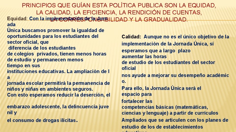 PRINCIPIOS QUE GUÍAN ESTA POLÍTICA PUBLICA SON LA EQUIDAD, LA CALIDAD, LA EFICIENCIA, LA