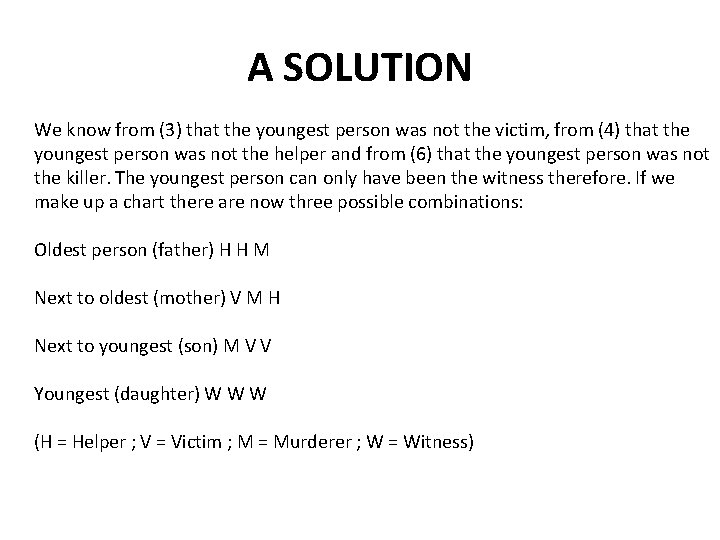 A SOLUTION We know from (3) that the youngest person was not the victim,