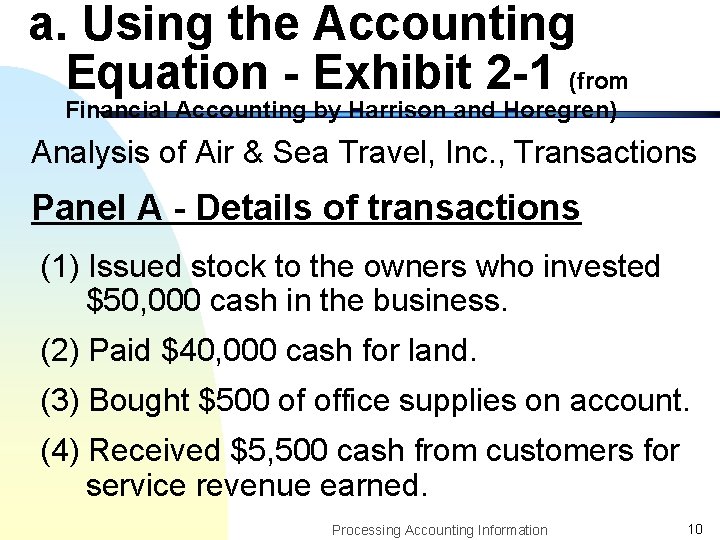 a. Using the Accounting Equation - Exhibit 2 -1 (from Financial Accounting by Harrison