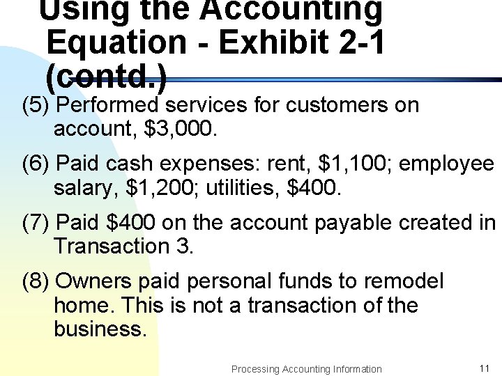 Using the Accounting Equation - Exhibit 2 -1 (contd. ) (5) Performed services for