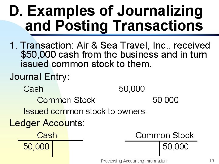 D. Examples of Journalizing and Posting Transactions 1. Transaction: Air & Sea Travel, Inc.