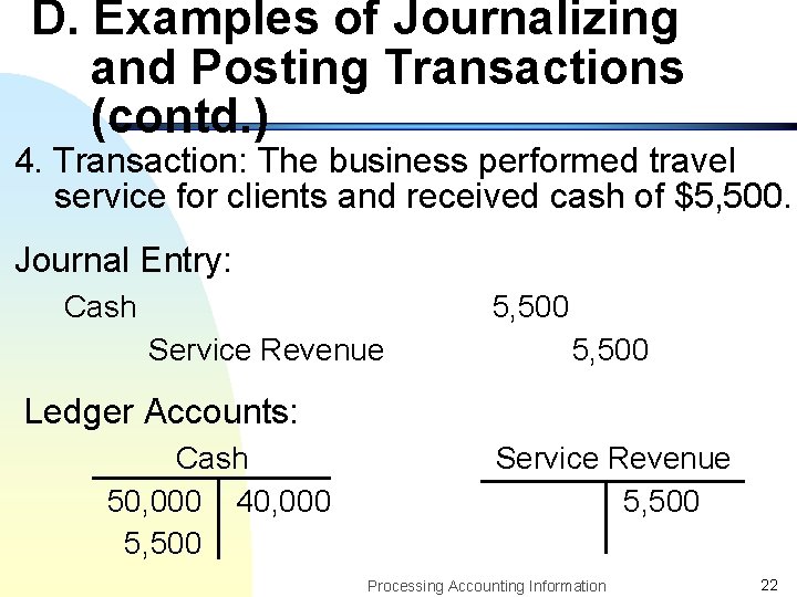 D. Examples of Journalizing and Posting Transactions (contd. ) 4. Transaction: The business performed