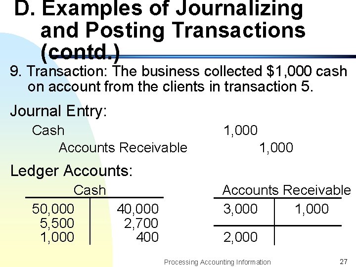 D. Examples of Journalizing and Posting Transactions (contd. ) 9. Transaction: The business collected
