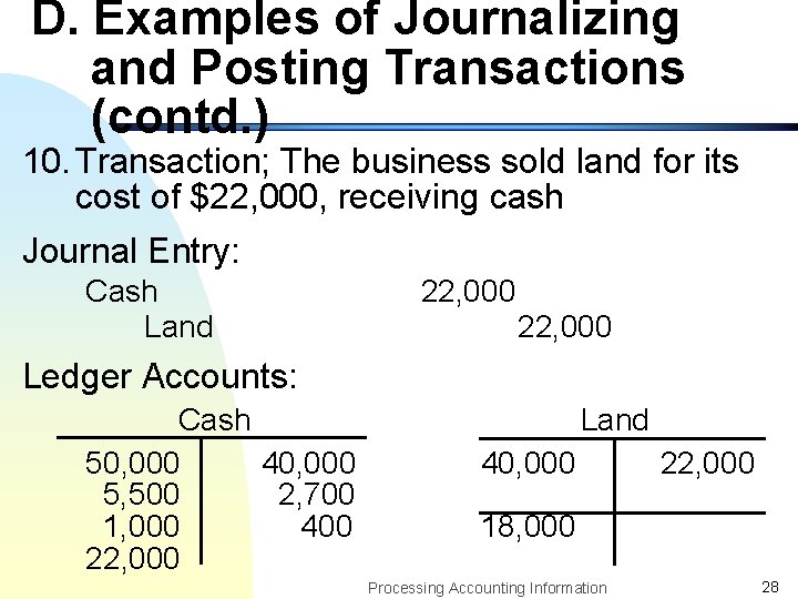 D. Examples of Journalizing and Posting Transactions (contd. ) 10. Transaction; The business sold