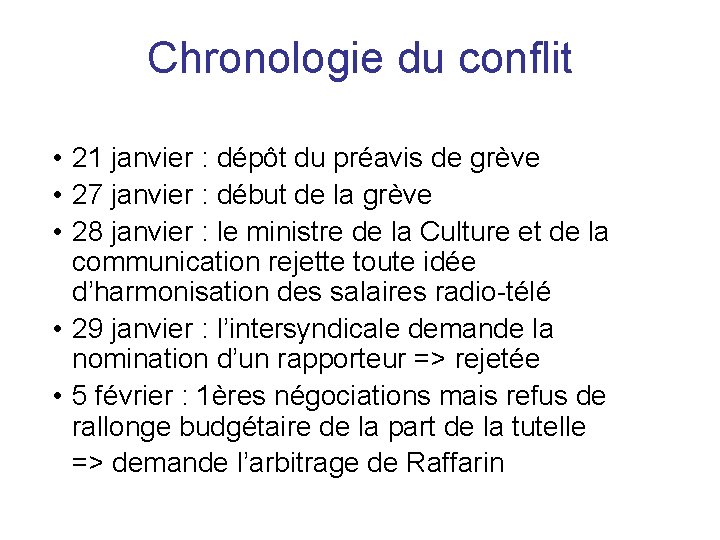 Chronologie du conflit • 21 janvier : dépôt du préavis de grève • 27