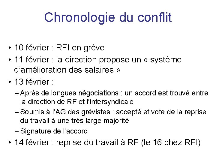 Chronologie du conflit • 10 février : RFI en grève • 11 février :