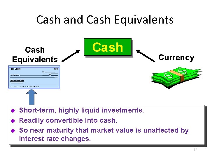 Cash and Cash Equivalents l l l Cash Currency Short-term, highly liquid investments. Readily